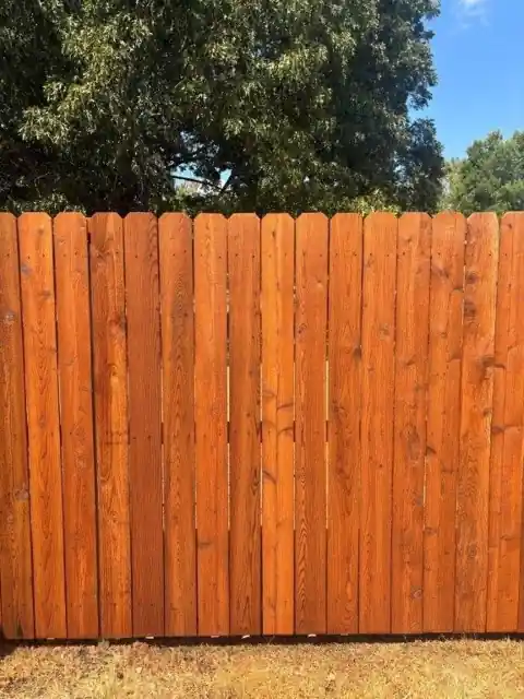 Western cedar pickets stained in Leatherwood, shown close up